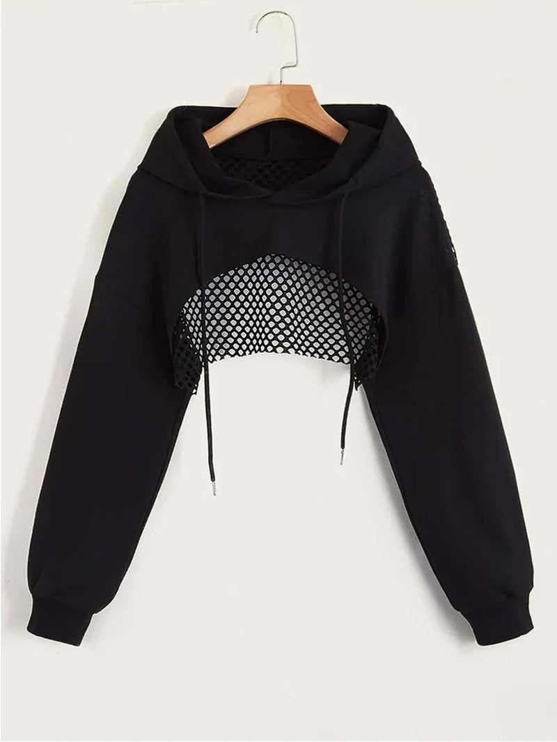 Street Sport Drop Shoulder Drawstring Hollow Out Super Crop Sports Hoodie without Cami Top