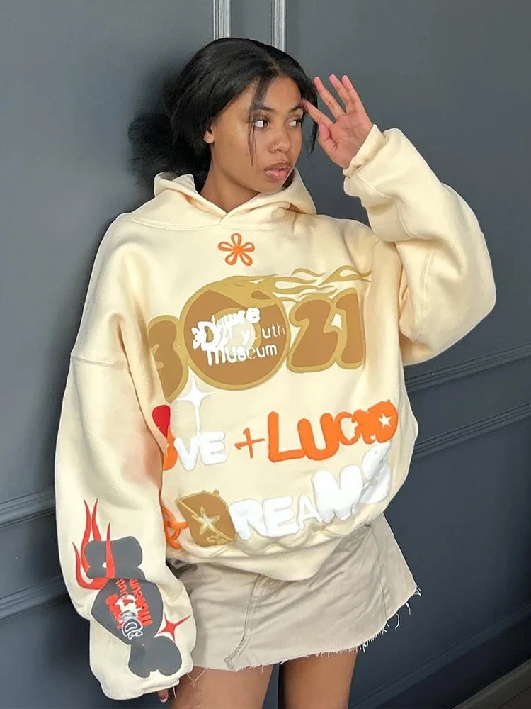 American Letters Puff Print Couple Hoodie Y2K Top Sweatshirt Female Gothic Harajuku Street Casual Hoodie