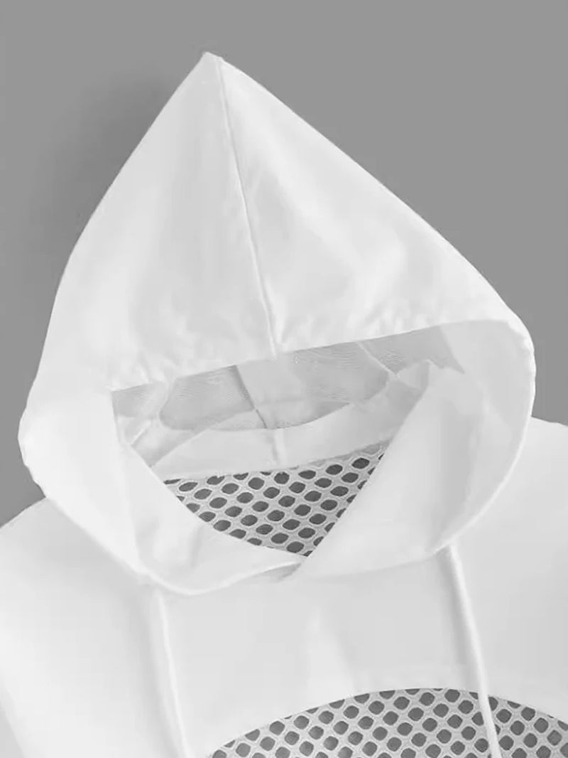 Street Sport Drop Shoulder Drawstring Hollow Out Super Crop Sports Hoodie without Cami Top