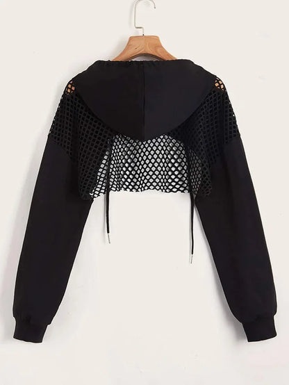 Street Sport Drop Shoulder Drawstring Hollow Out Super Crop Sports Hoodie without Cami Top